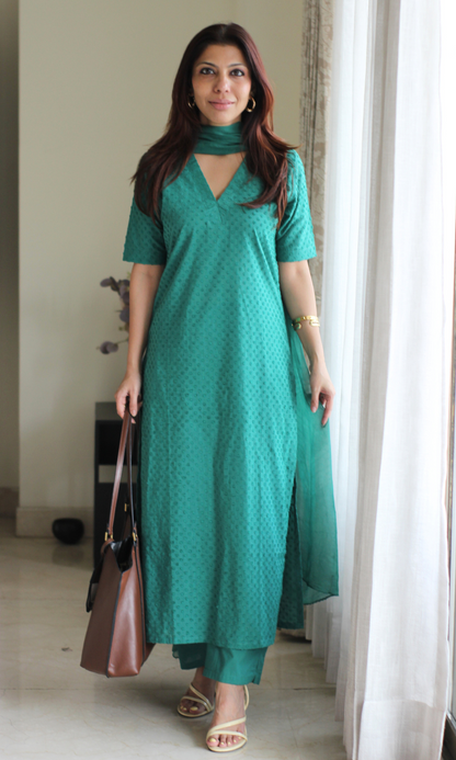 Cotton Bottle Green Dobby Half Sleeves Kurta, Cotton Pants & Chiffon Dupatta