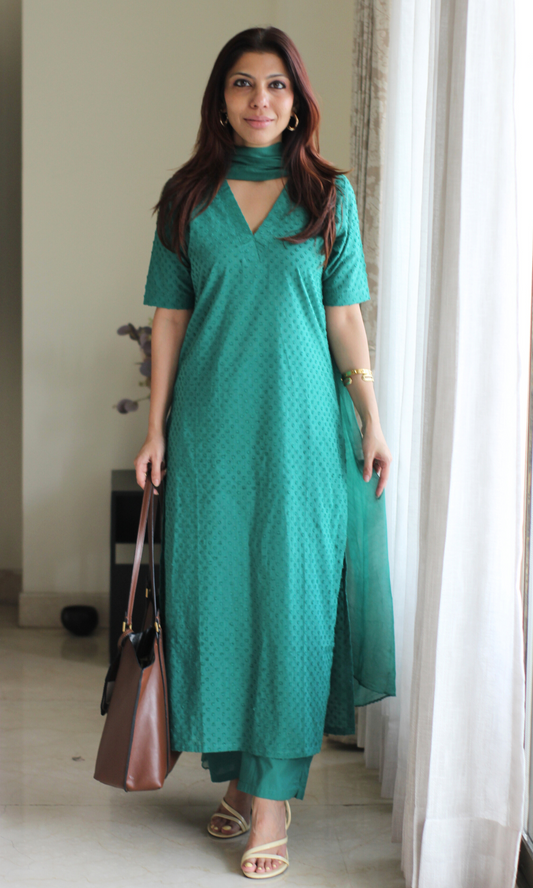 Cotton Bottle Green Dobby Half Sleeves Kurta, Cotton Pants & Chiffon Dupatta