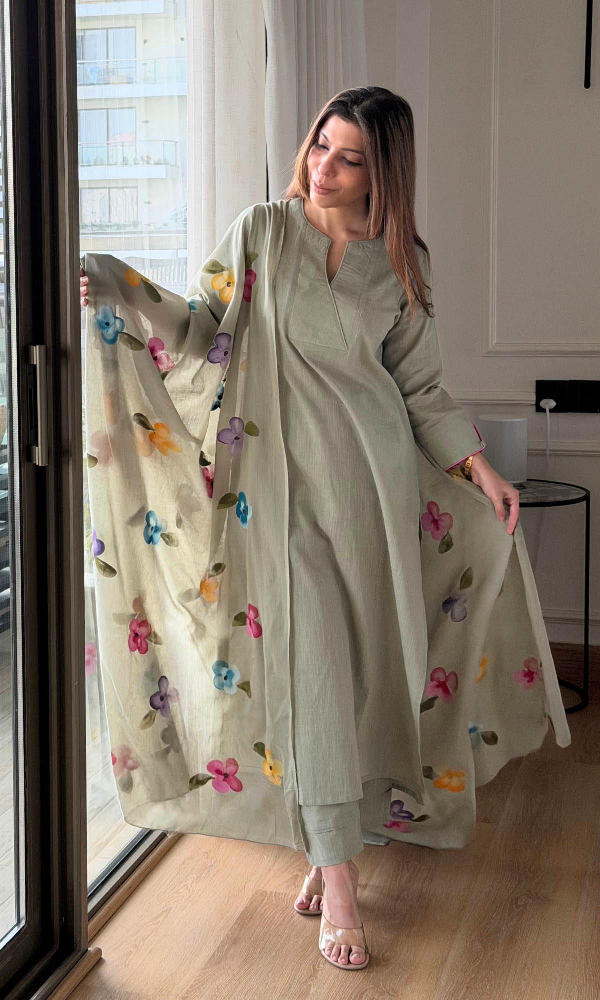Soft Olive Garden Slub Kurta, Pant with Cotton Handbrush Painted Dupatta