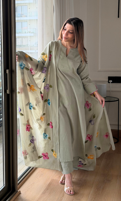 Soft Olive Garden Slub Kurta, Pant with Cotton Handbrush Painted Dupatta