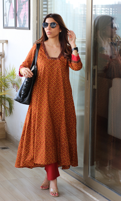 Red & Mustard Kali Kurta & Cotton Pants