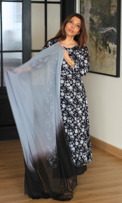 Midnight Smoke Flora Cotton Kurta , Pant & Ombré Chiffon Dupatta