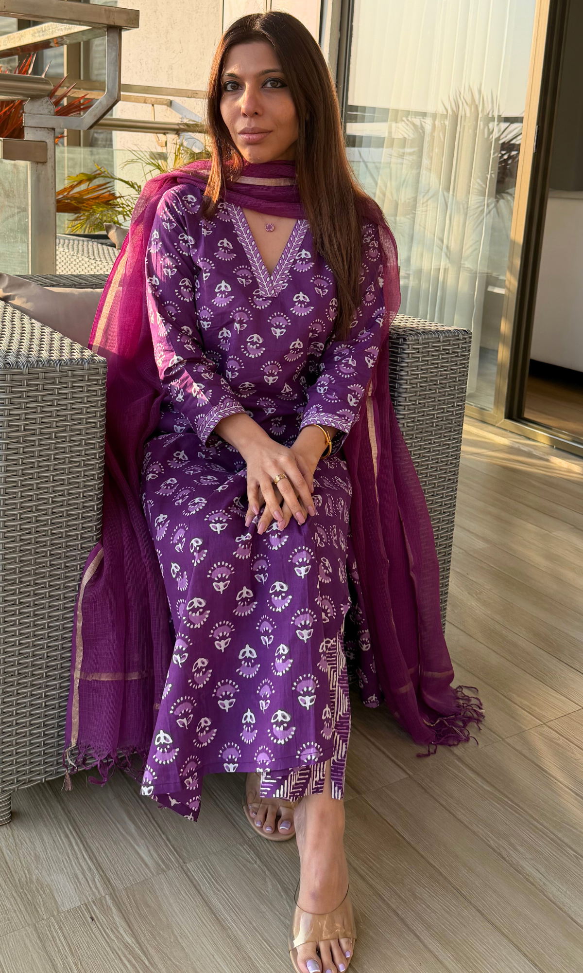 Cotton Orchid Block Printed Suit Set with Kota Doria Dupatta