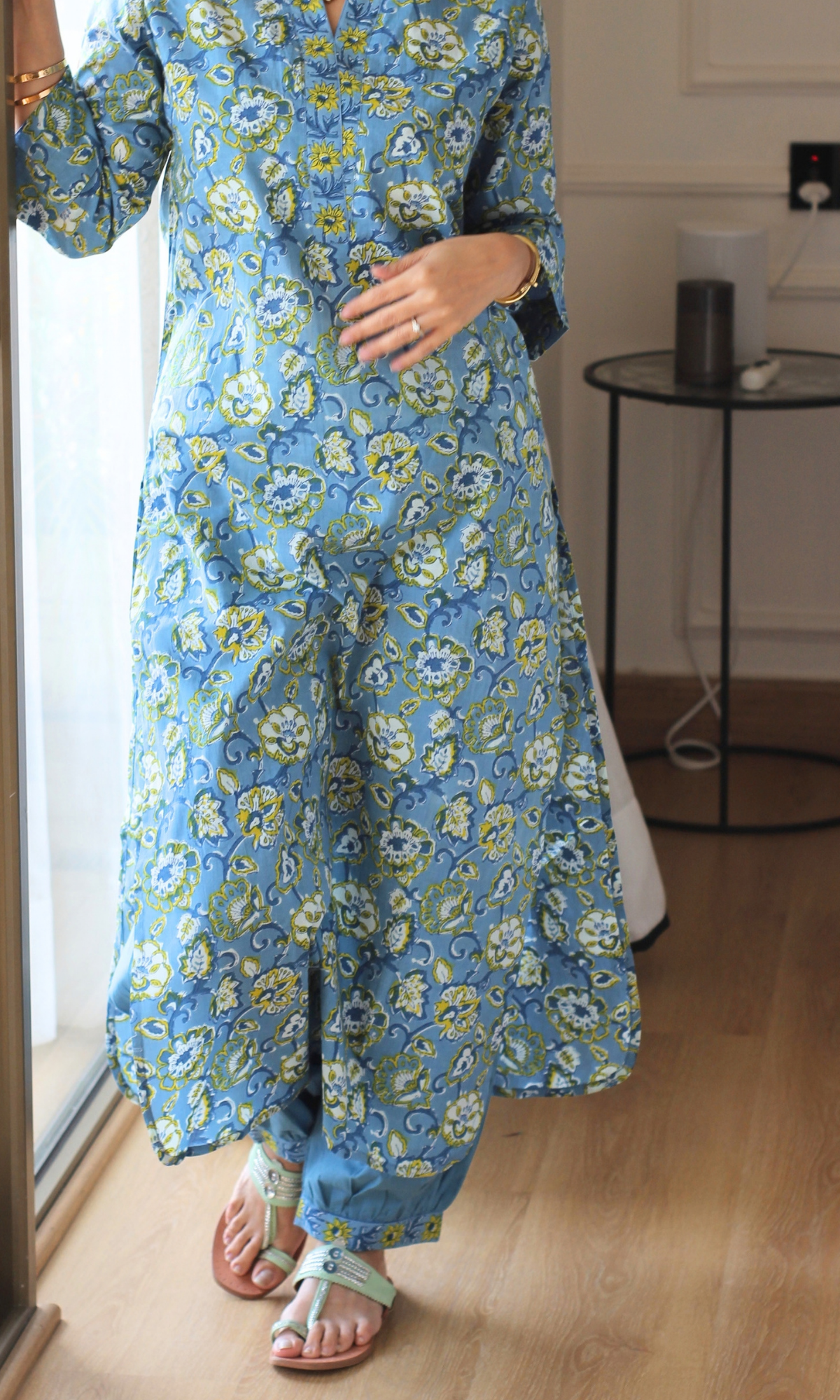Sky Blue Cotton Floral Block Print Kurta & Pleated Pants