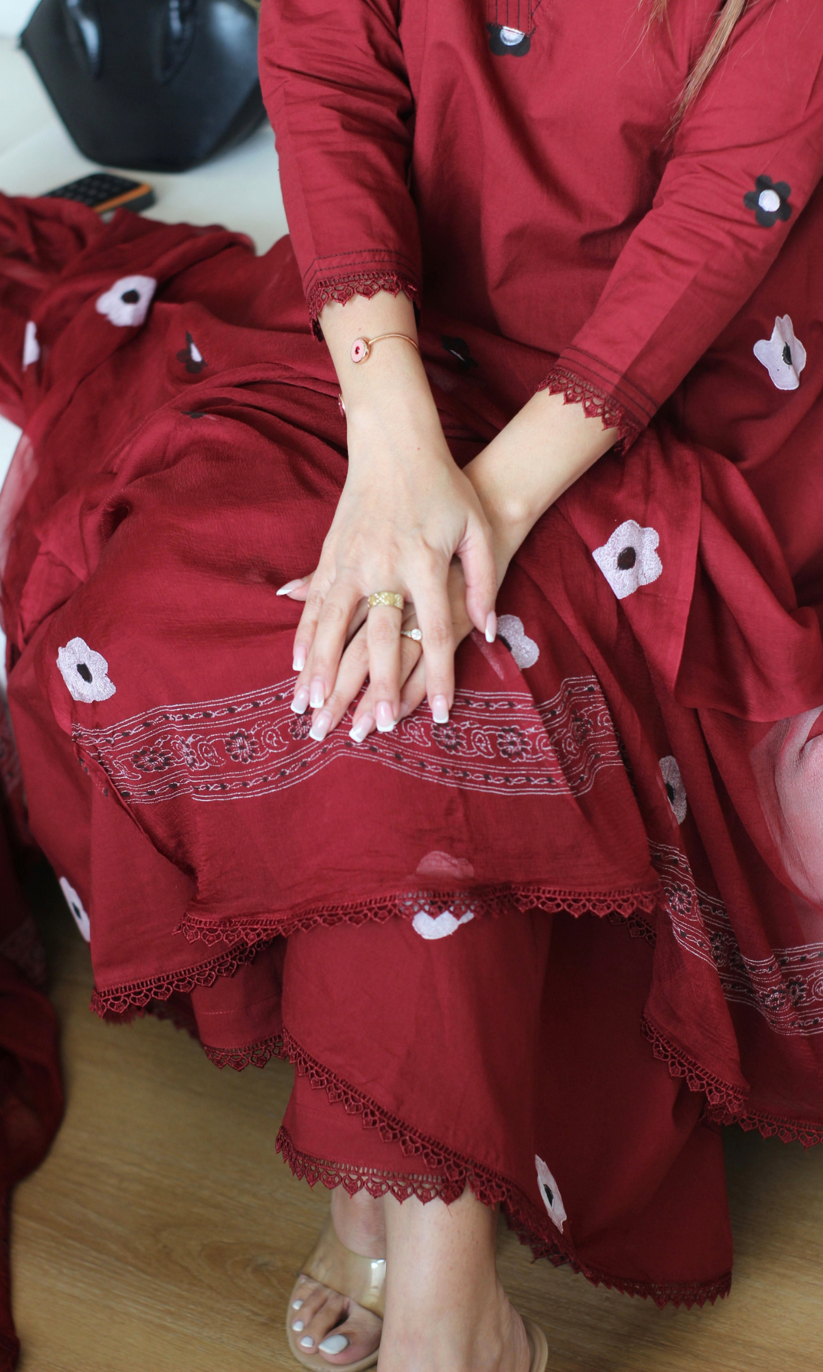 Florence Ruby A line Kurta with lace , Cotton Pants & Chiffon handpainted dupatta