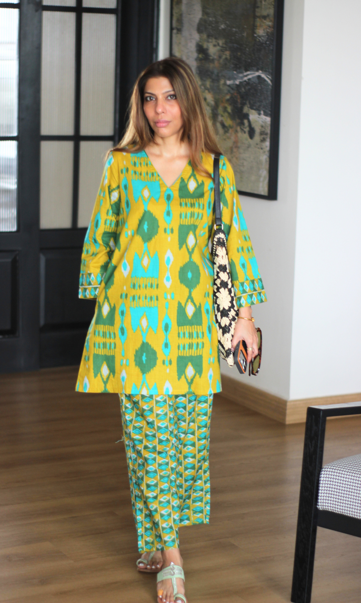 Yellow Geometric Anti Fit Kurta & Printed Pants