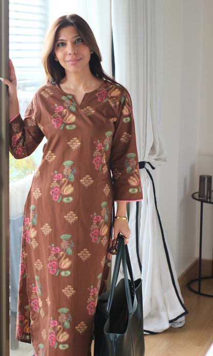 Brown floral Mughal Print Kurta and Pants