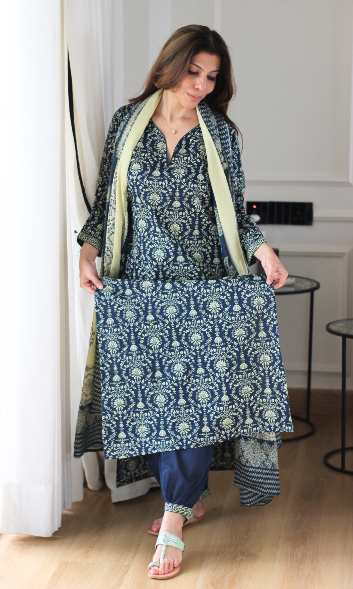 Deep Blue Cotton Jall Print Kurta, Afghani pant & Cotton Printed Dupatta