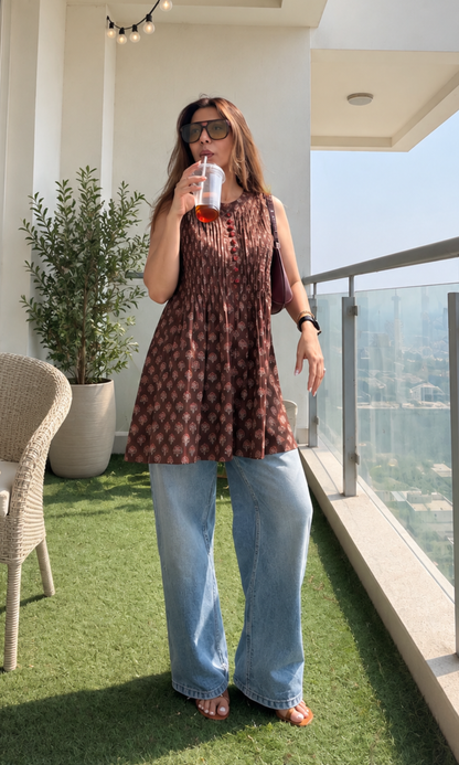 Brown Ajrakh Print Cotton A Line short Kurti