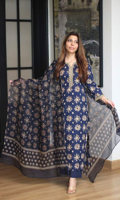Neelofar Block Print Kurta, Pant & Kota Doria Printed Dupatta