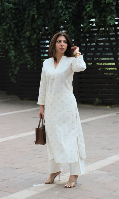 Oat Milk Cotton Dobby Pintex Collard Kurta with Pants