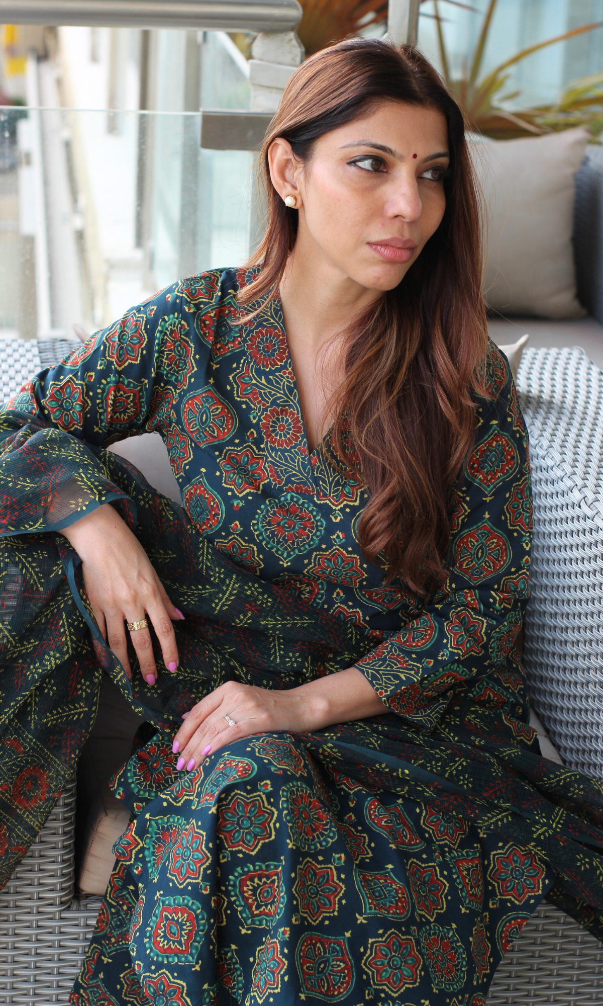 Badmeri Bottle Green Ajrakh Handblock Kurta, Kota Doria Handblock Dupatta & Cotton Afgani Pants