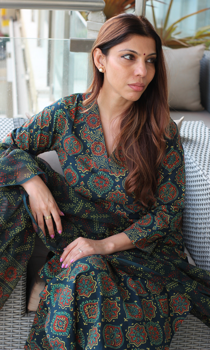 Badmeri Bottle Green Ajrakh Handblock Kurta, Kota Doria Handblock Dupatta & Cotton Afgani Pants