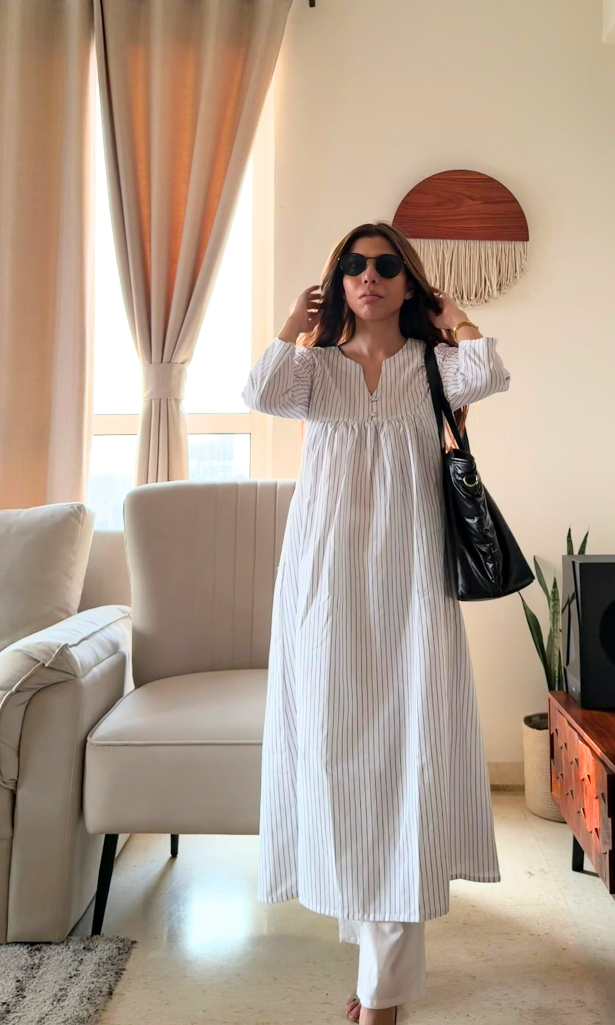 Handloom Cotton White Stripe Pleated Kurta & Cotton Pants