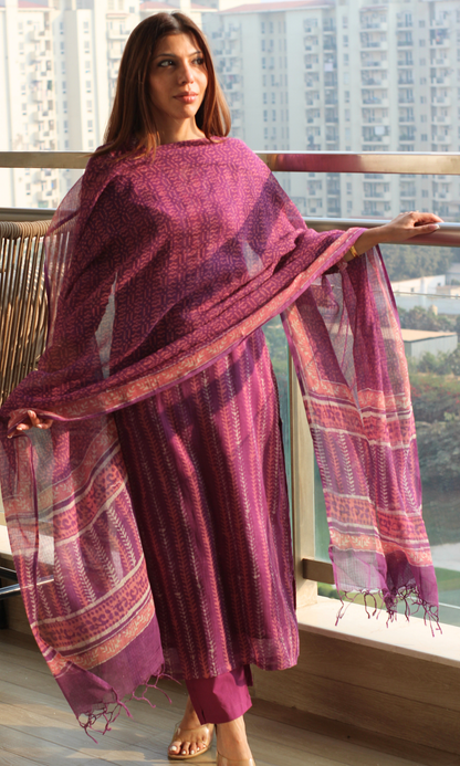 Kota Doria Majestic Mulberry Handblock Print Kurta and Dupatta with Cotton Pants