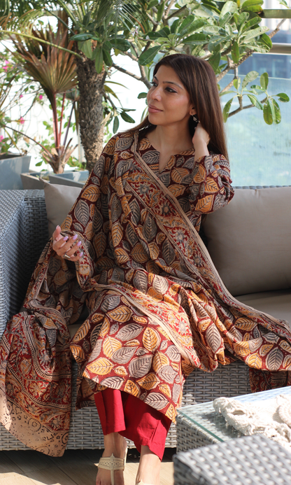 Deep Red Handblock Kalamkari Leaf Print Kurta, Dupatta & Cotton Pants
