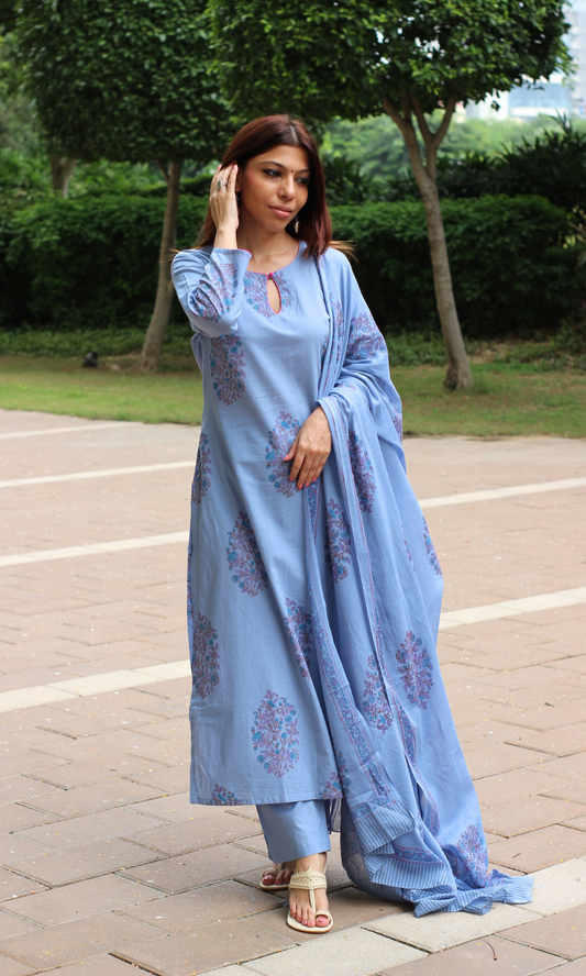 Cotton Muted Blue Hand Block Mughal Print Kurta, Dupatta & Cotton Pants