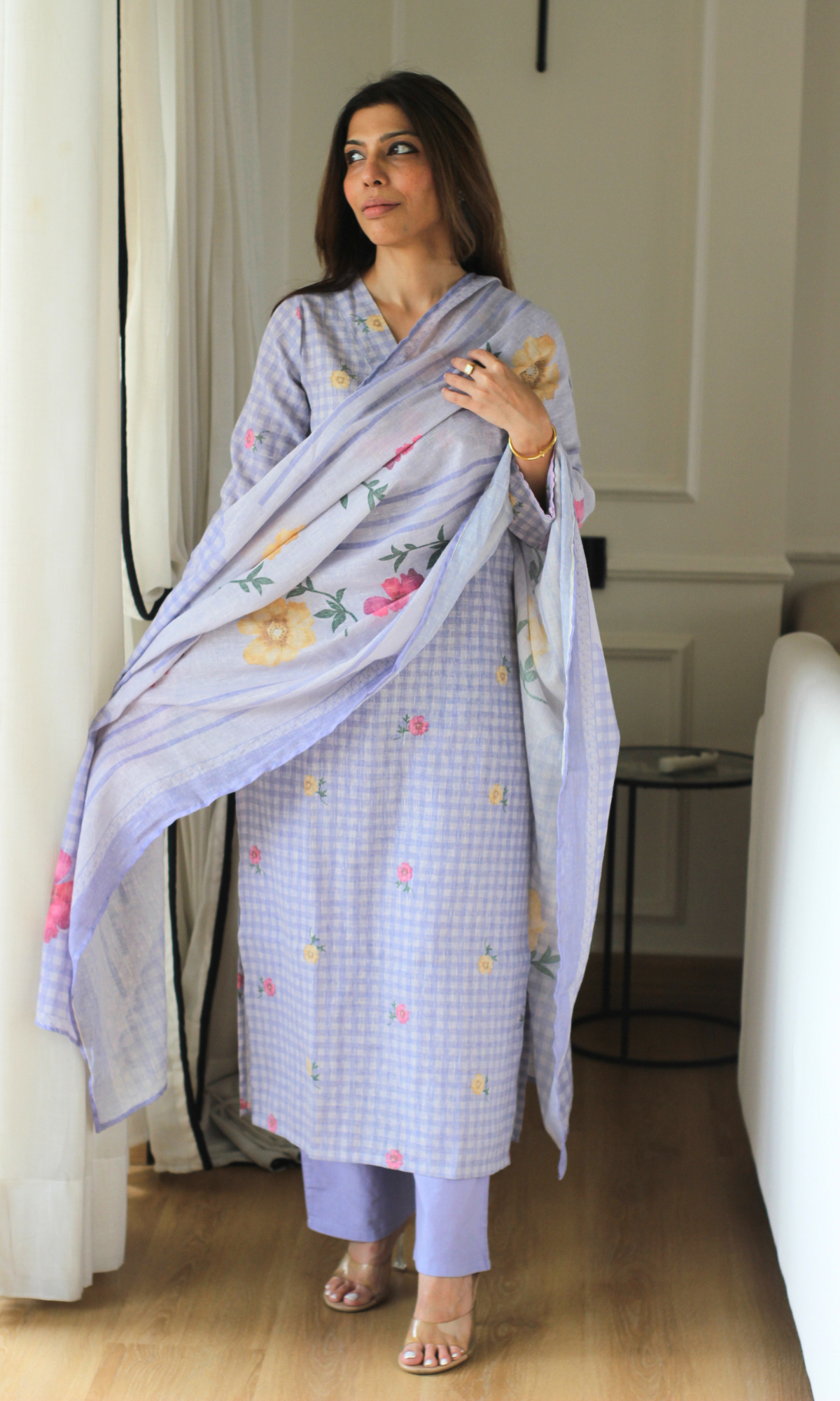 Lavender Checks Linen Blend Printed Kurta, Dupatta & Cotton Pants