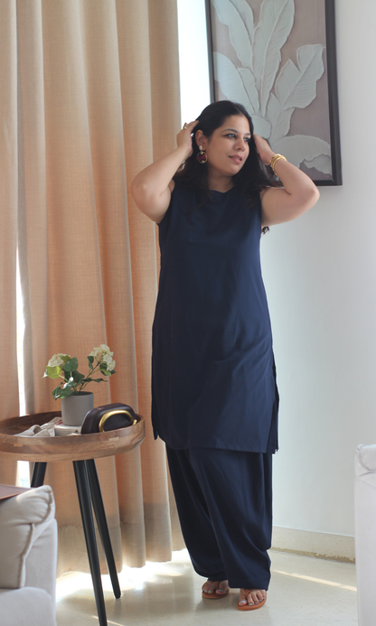 Deep Blue Glossy Boat Neck Kurta with Farshi Salwaar