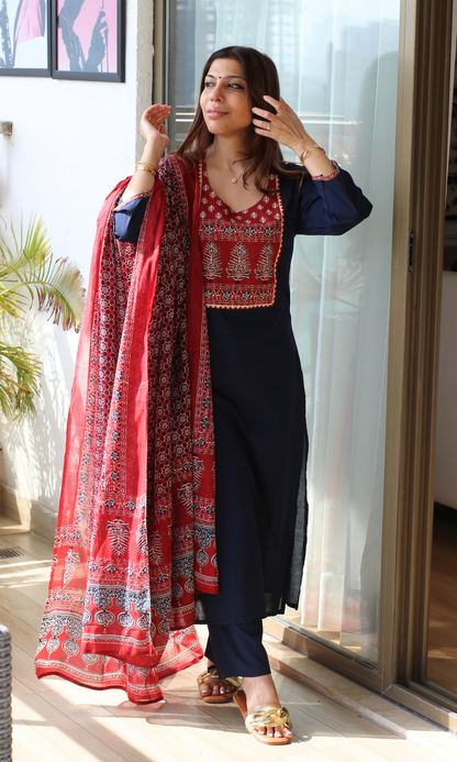 Cotton Blue Ajrakh Motif Neck Kurta, Pant with Printed Dupatta