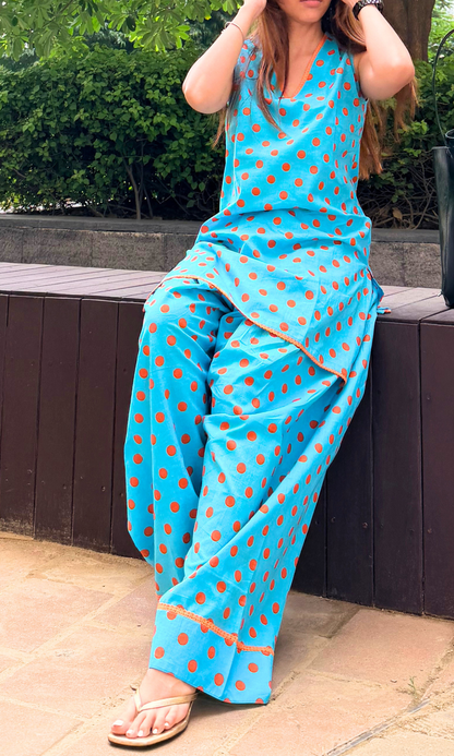 Blue Polka Print Kurta & Farshi Salwaar