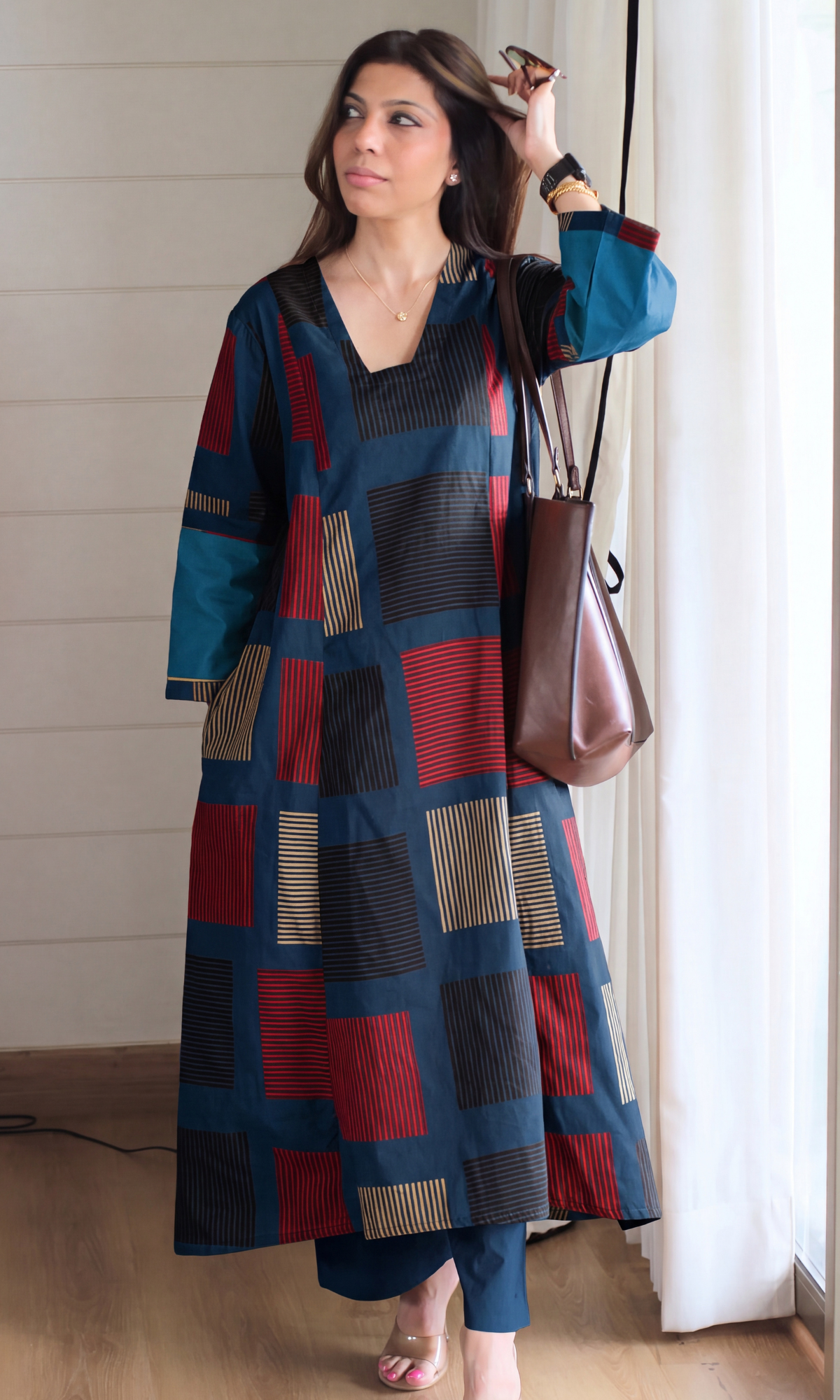 Teal Blue Box Print Kali Style High Low Kurta with Cotton Pants