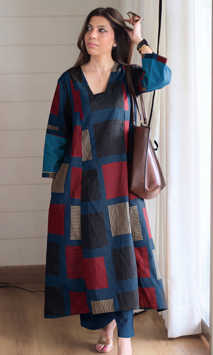 Teal Blue Box Print Kali Style High Low Kurta with Cotton Pants