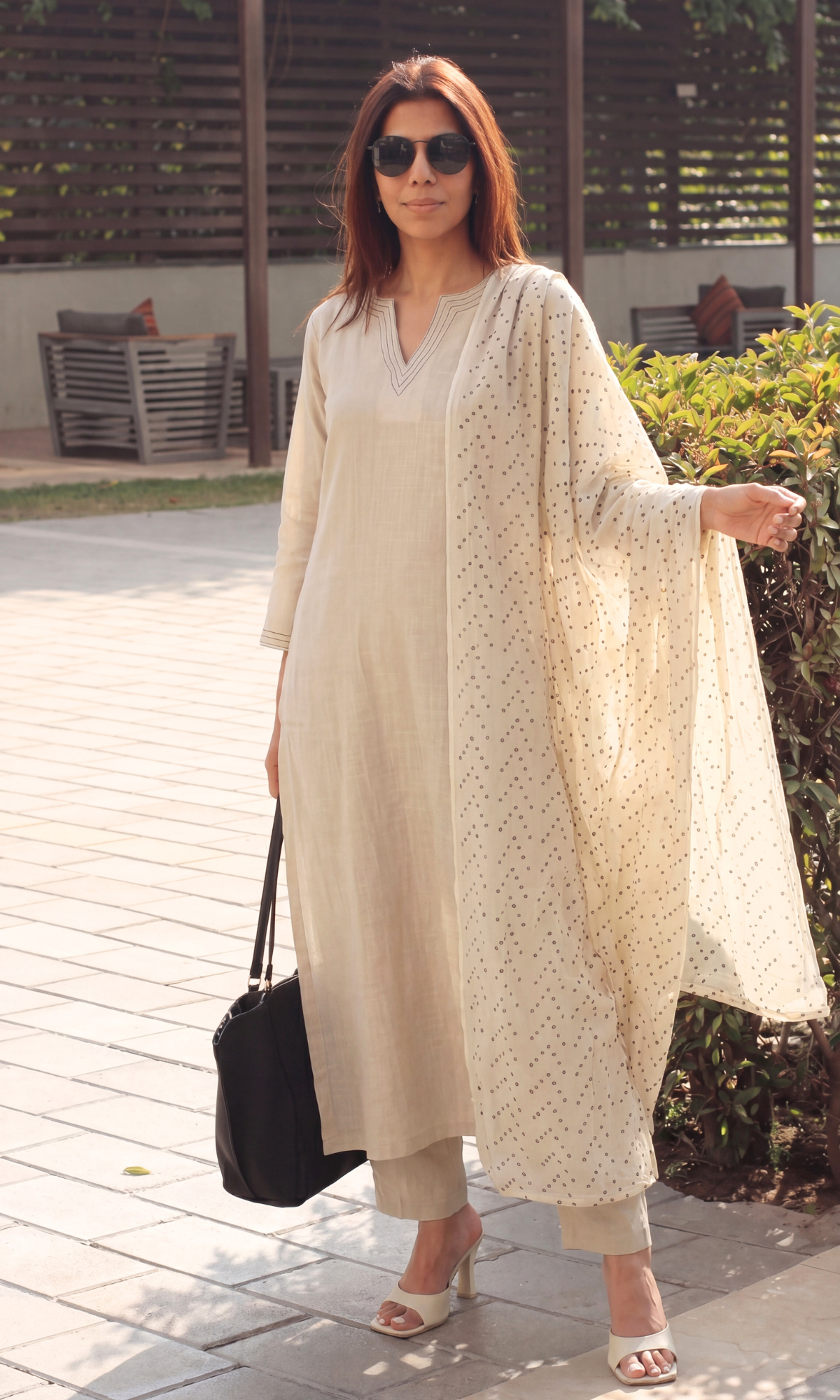 Cotton Slub Beige & Black Suit with Mul Polka Dupatta