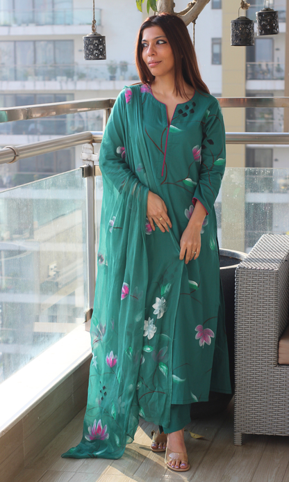 Cotton Emerald Teal Handbrush Painted Suit with Chiffon Handpainted Dupatta