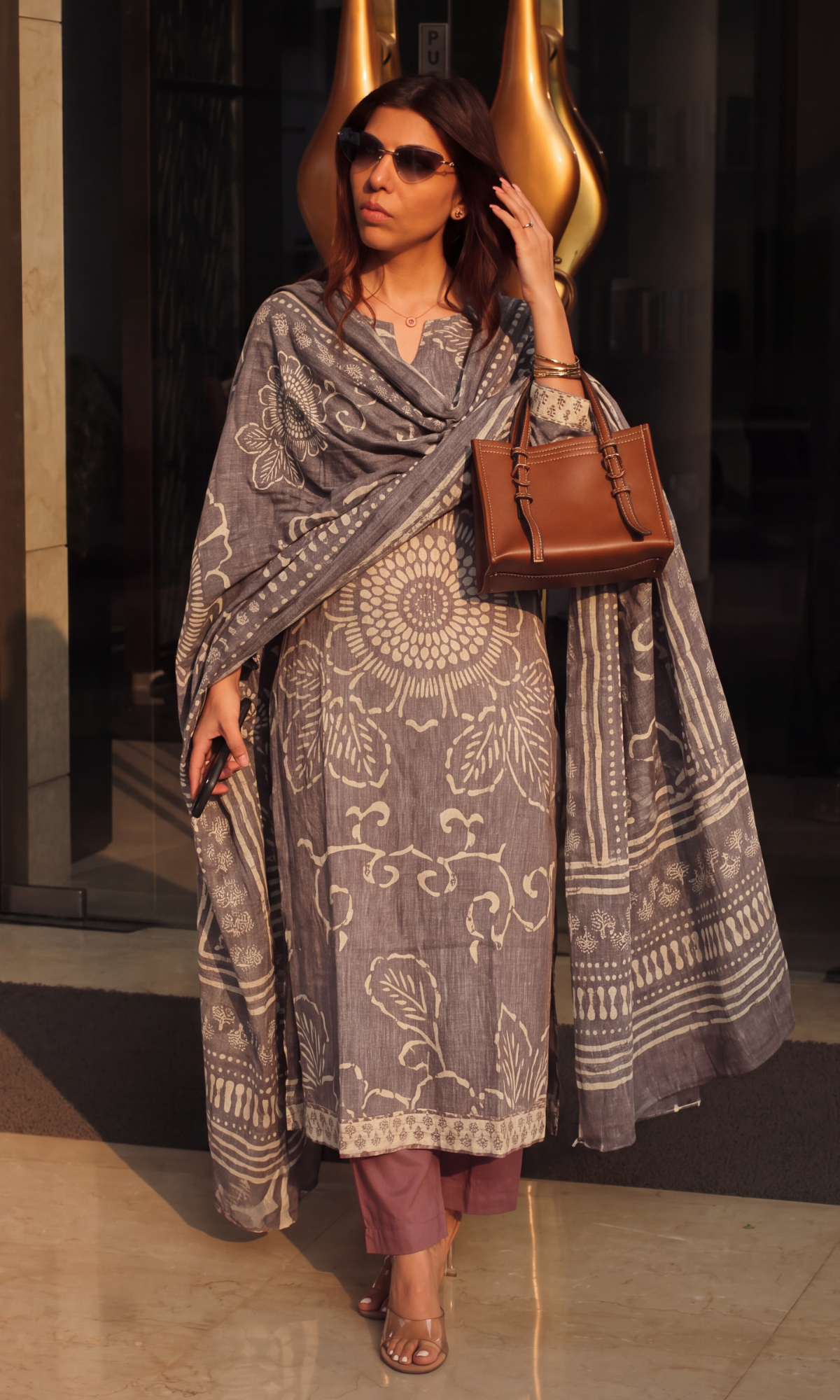 Dune Cocoa Linen Blend Kurta, Dupatta & Cotton Pants