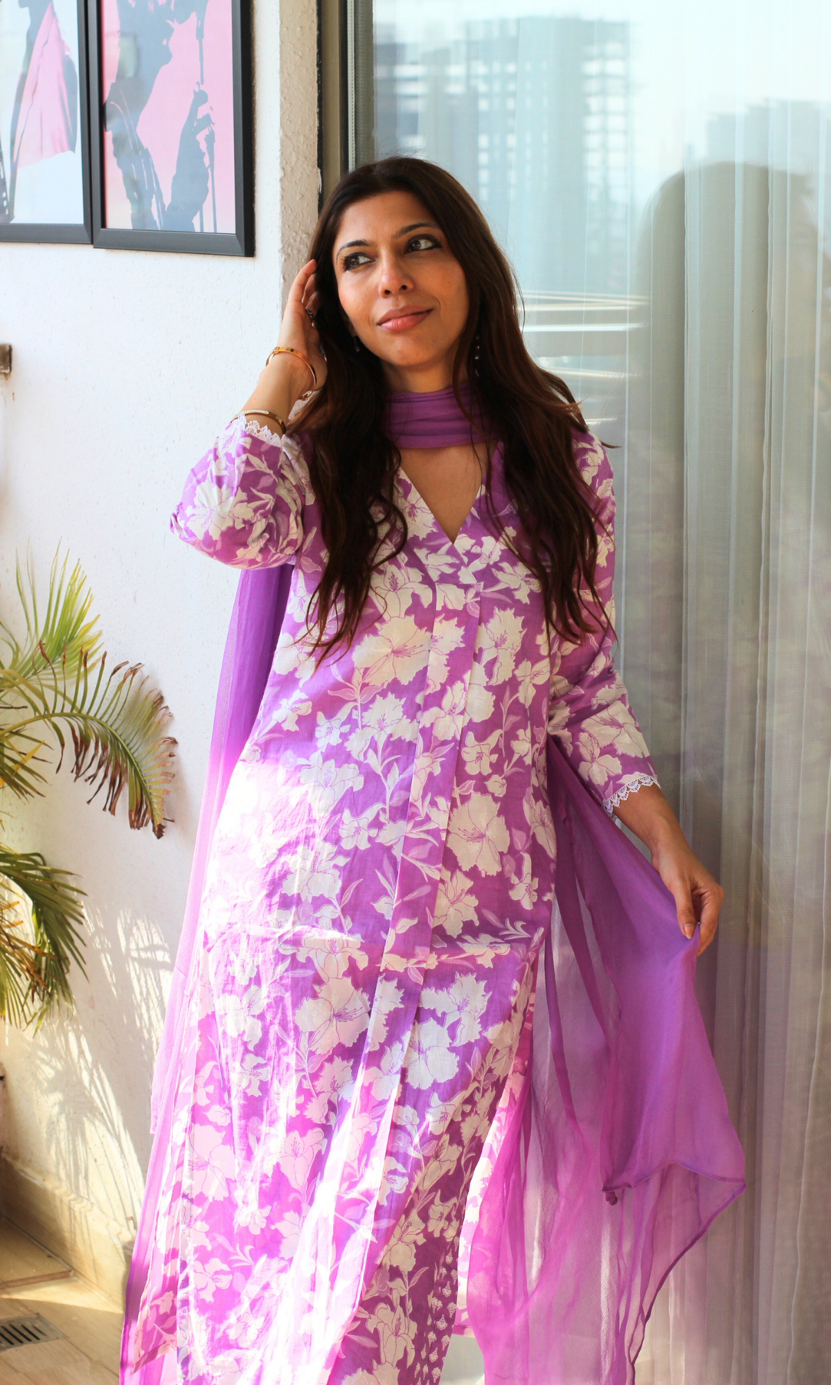 Cotton Lilac Botanica Printed Suit with Chiffon Dupatta