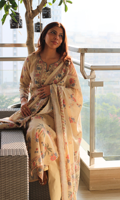 Beige Paradise Linen Blend Kurta, Dupatta & Cotton Pants
