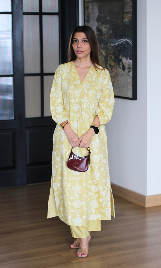 Lemon Paisley Pleated Kurta with Pants