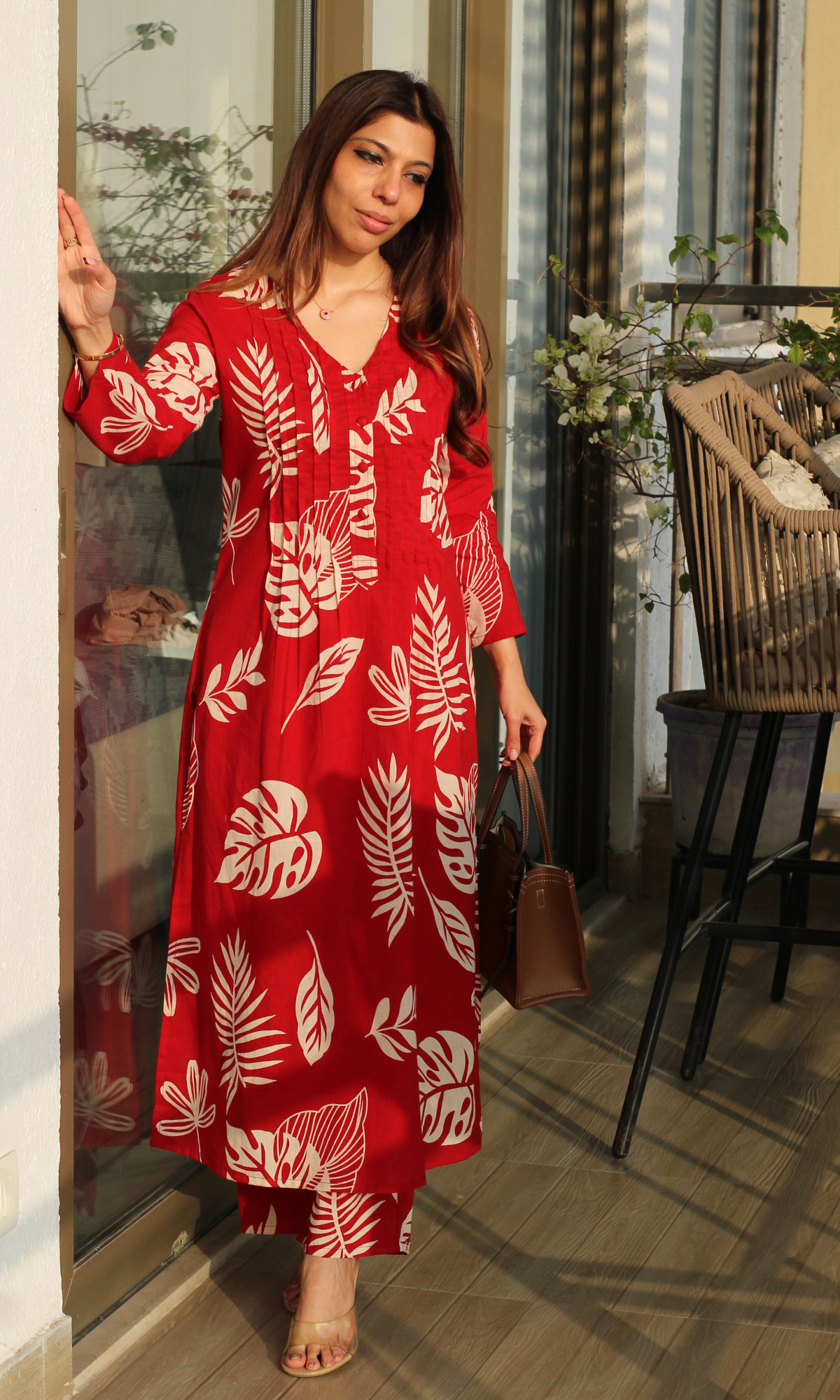 Cotton Soft Red Big Leaf Pleated Kurta & Pants Set