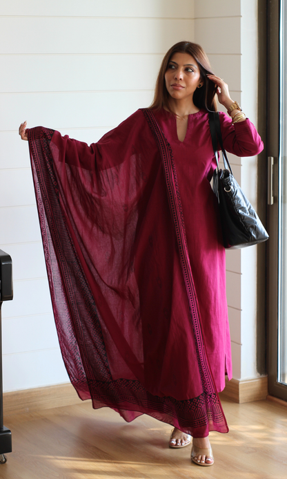 Cotton Slub Merlot Suit  with Mul Line Wave Dupatta