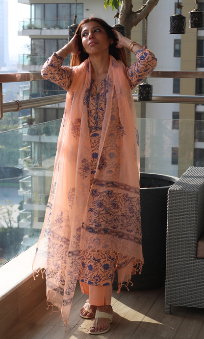 Peach Aabshaar Handblock Print Cotton Kurta, Pant & Kota Doria Dupatta