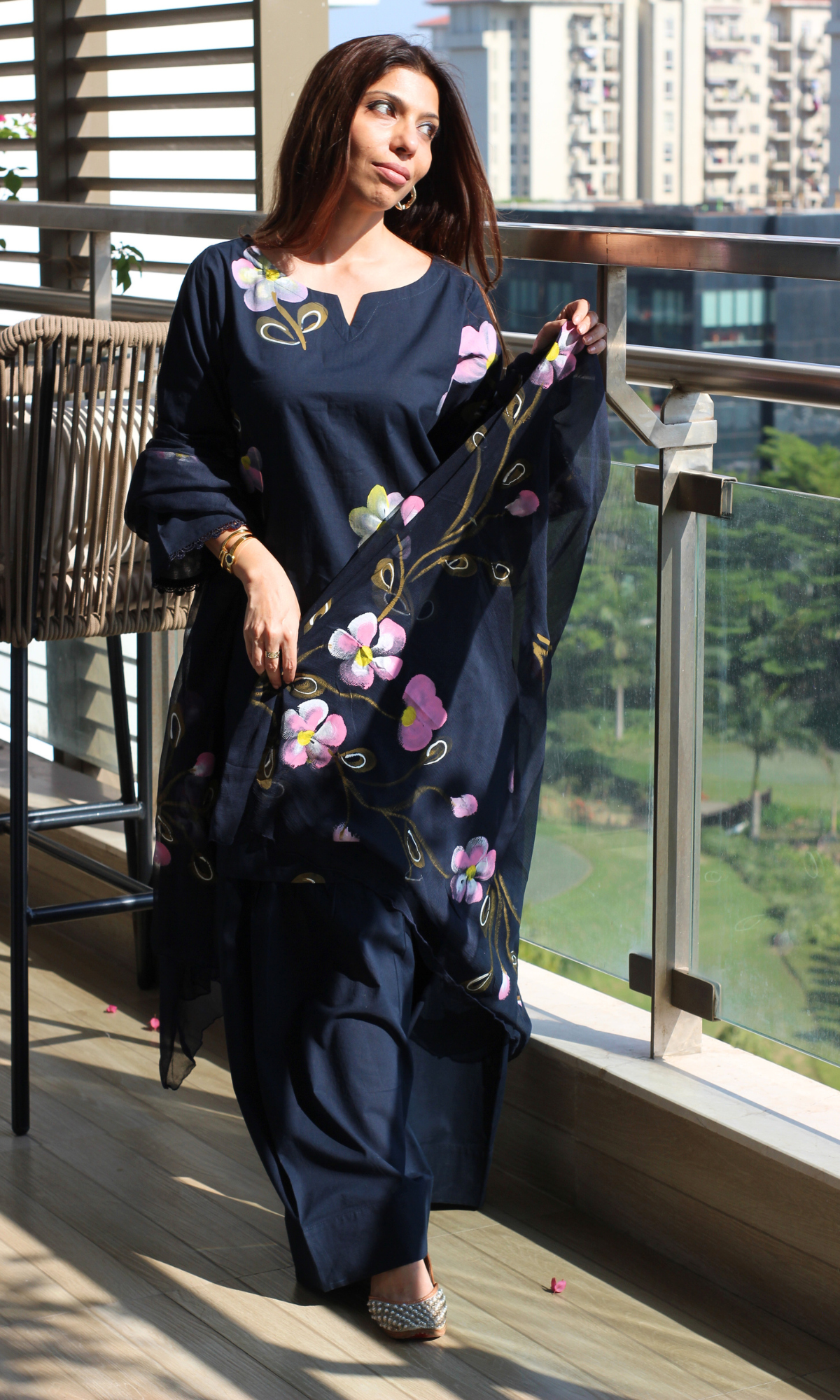 Cotton Navy Handbrush Painted Kurta, Chiffon Hand Painted Dupatta & Farshi Salwar