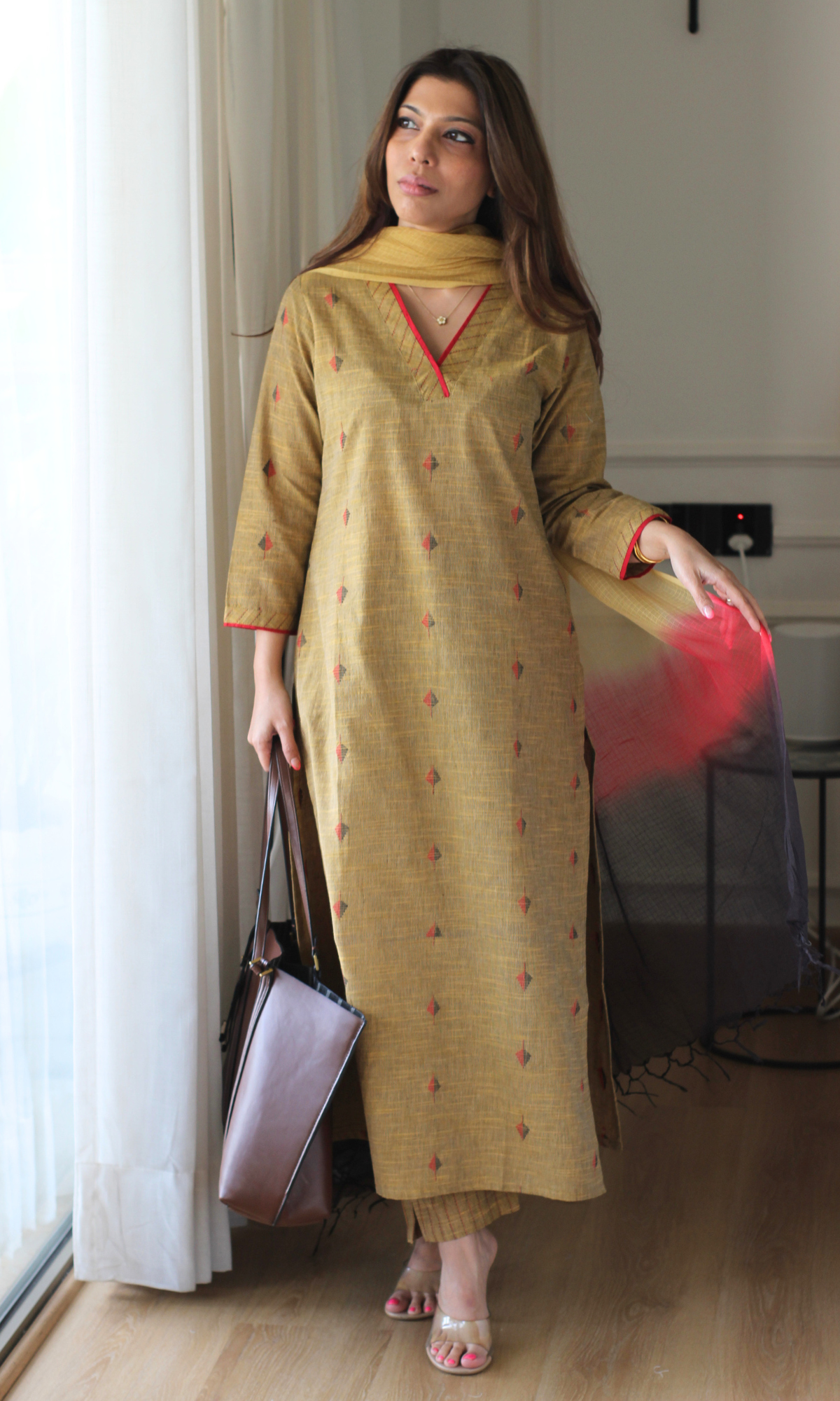 Copper & Red Handloom Cotton Dobby Kurta, Pant & Kota Doria Ombre Dupatta
