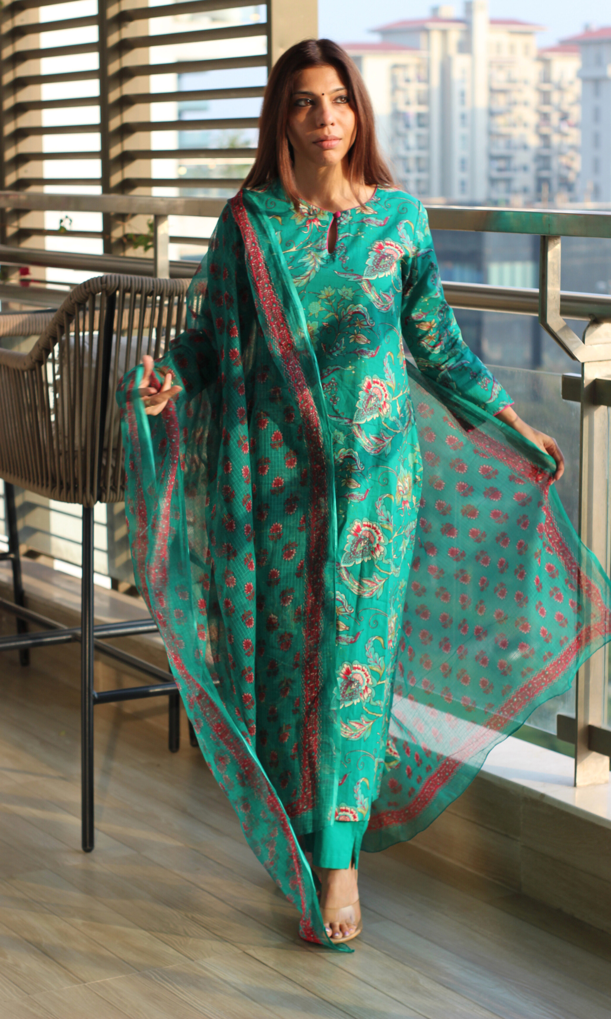 Green & Pink Jaal Print Cotton Kurta , Pant & Kota Doria Booti Dupatta