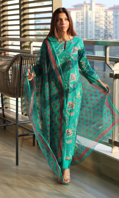 Green & Pink Jaal Print Cotton Kurta , Pant & Kota Doria Booti Dupatta