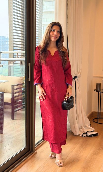 Red Jaquard Silk Kurta with Santoon Pants