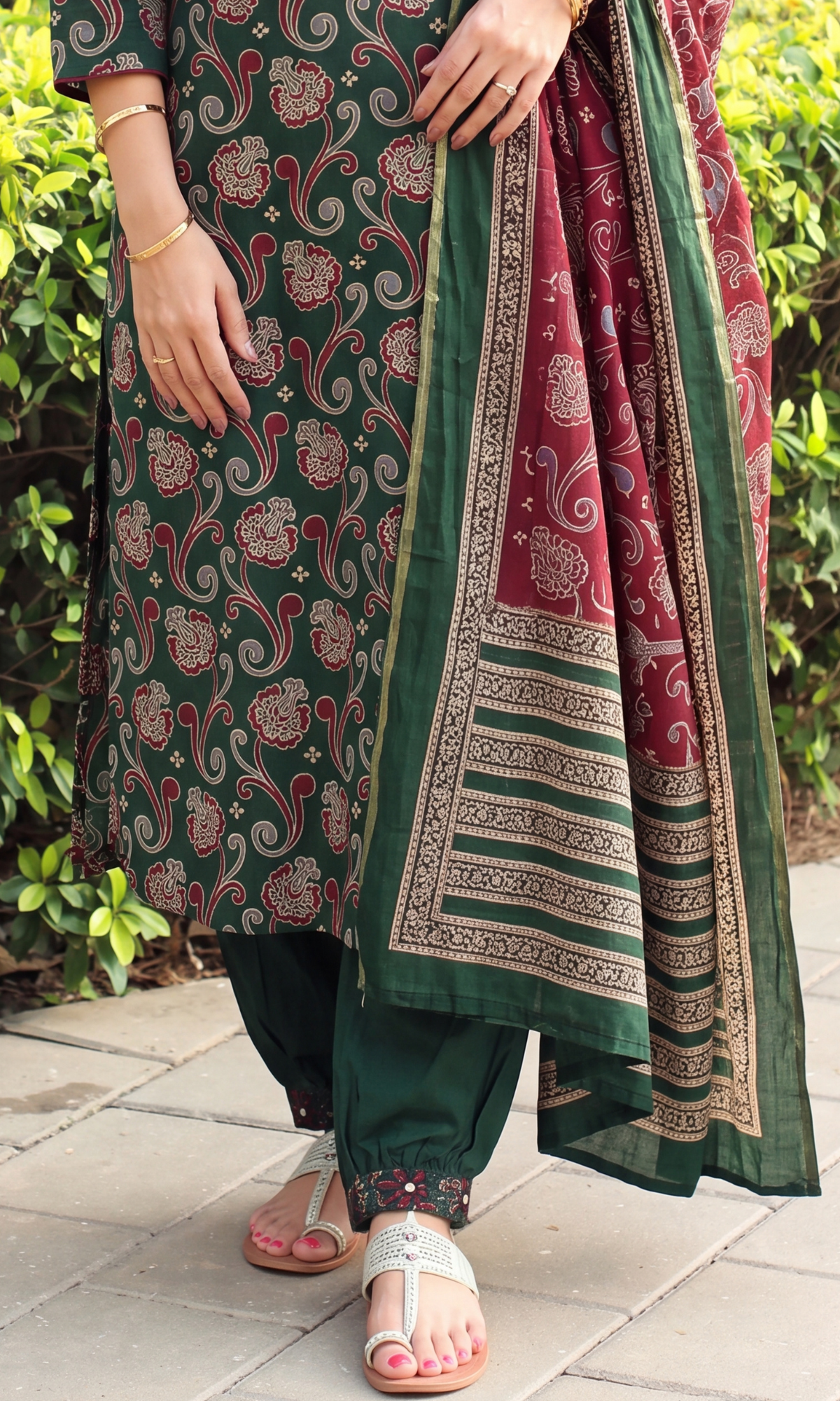 Nazma Green Sanganeri Print Cotton Kurta,Dupatta & Cotton Pants