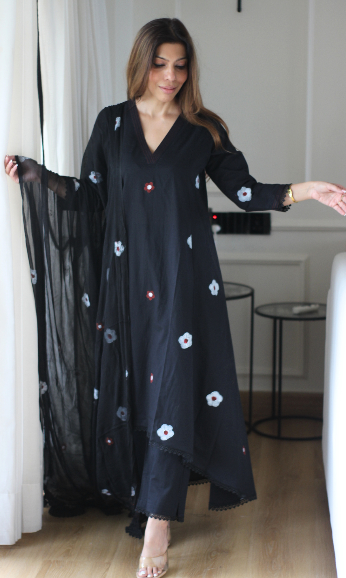 Florence Black A line Kurta with lace , Cotton Pants & Chiffon handpainted dupatta