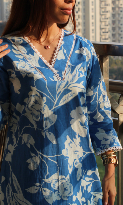 Cotton Sky Blue Printed A Line Kurta  & Pants