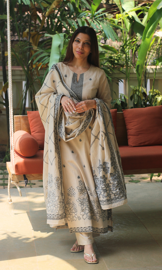Beige & Black Loom Woven Kurta , Dupatta & Cotton Pants