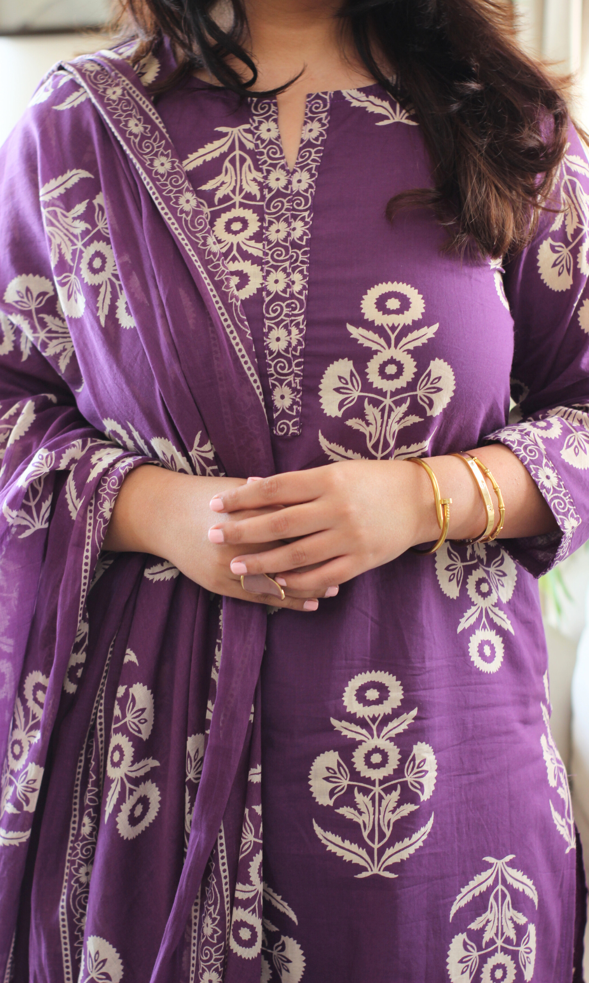 Iris Purple Cotton Mughal Boota Kurta, Dupatta with Printed Pants