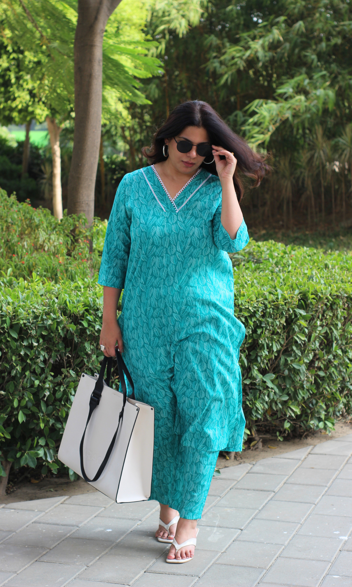 Cotton Tropical Teal Laced Kurta & Pant Co-ord