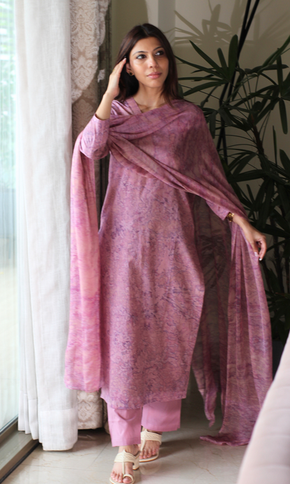 Cotton Dusty Mauve African Shibori Kurta, Chiffon Dupatta & Cotton Pants