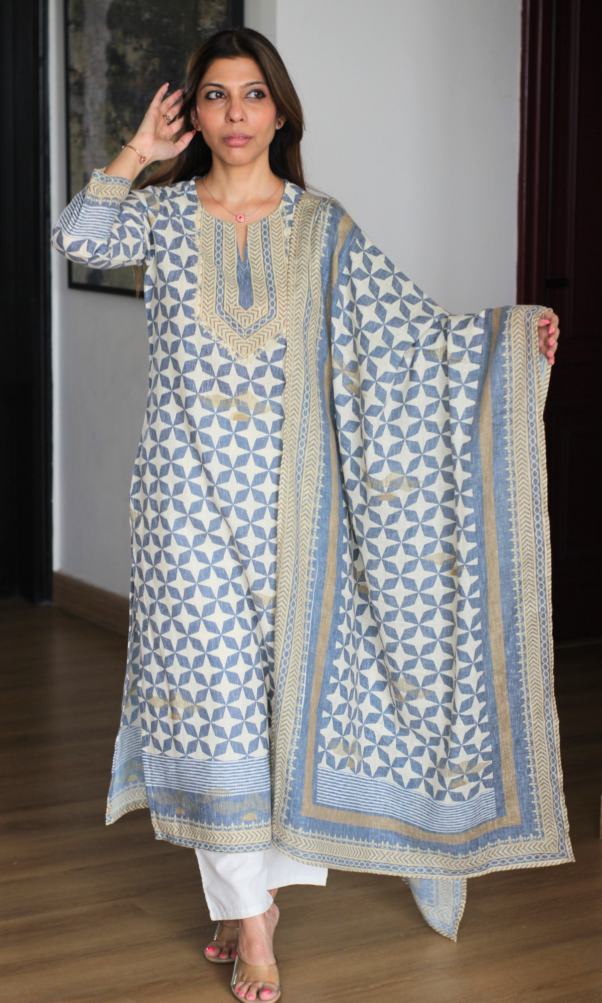 Linen Blend Beige Prism Print  Print Kurta , Dupatta with Cotton Pants