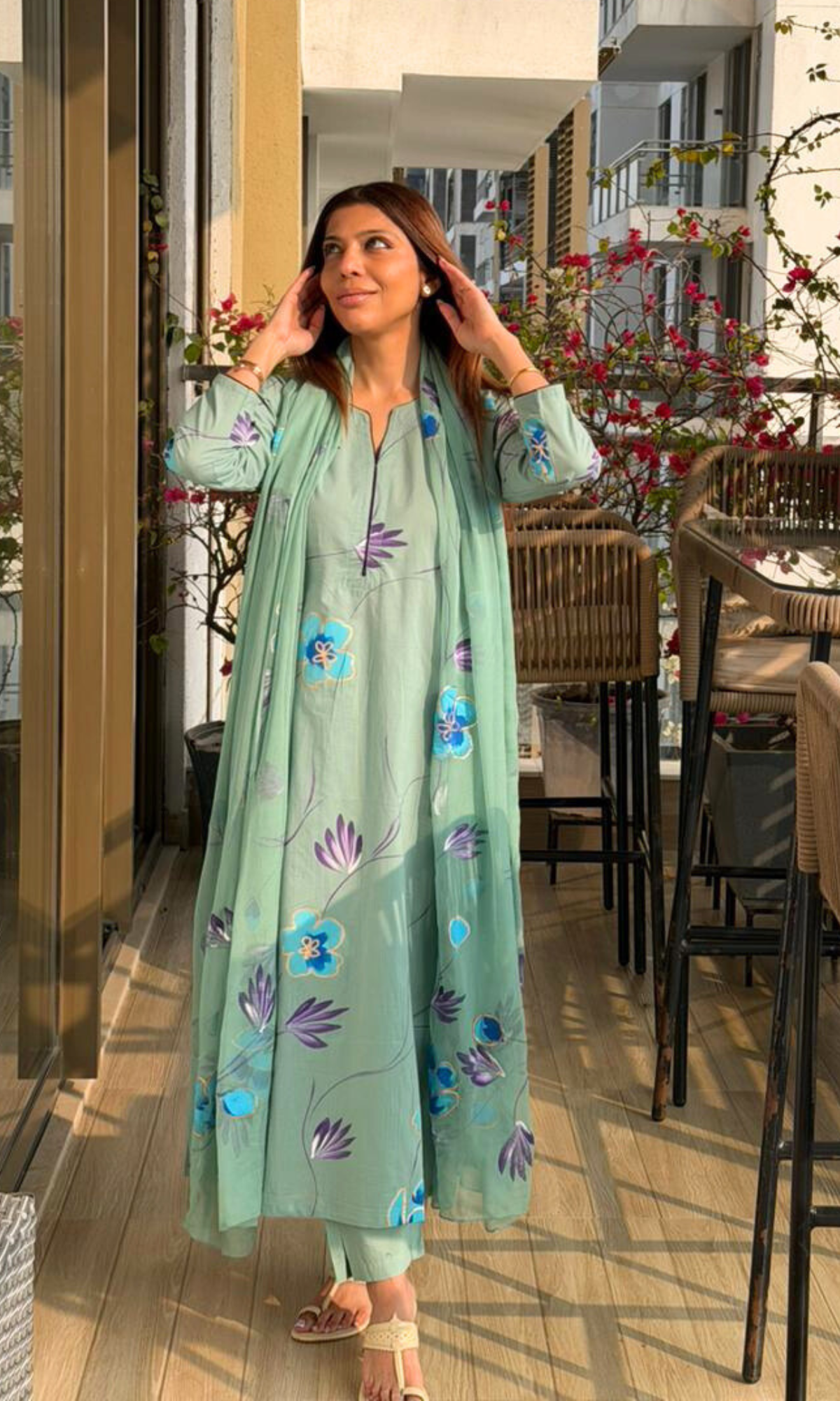 Mint Whisper Handbrush Painted Kurta, Cotton Pants & Chiffon Handpainted Dupatta